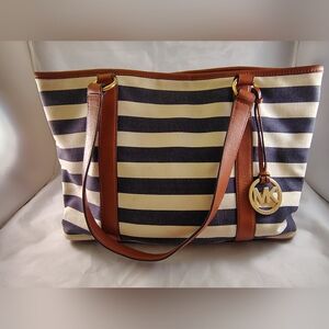 Michael Kors Navy and Tan Striped Tote